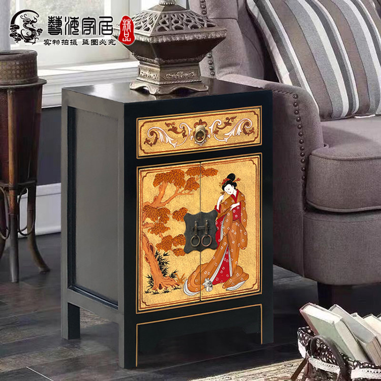 简约现代中式床头柜小型彩绘卧室收纳柜轻奢落地边角柜客厅茶水柜