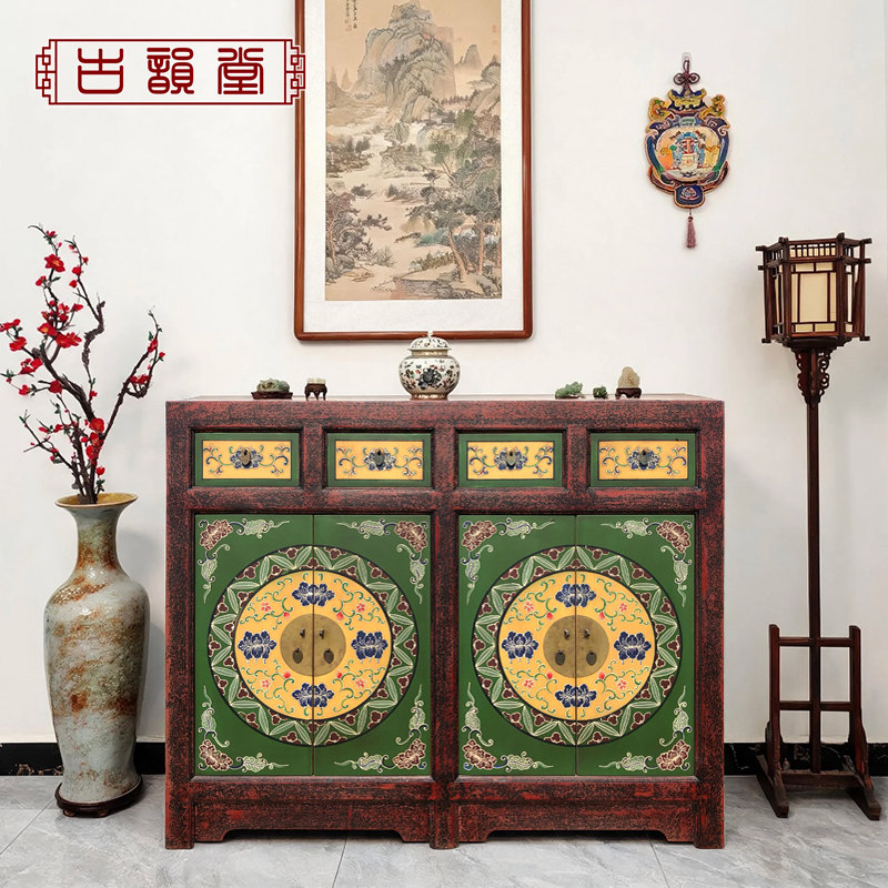 仿古做旧鞋柜甘肃餐边柜门厅柜仿古手绘储物柜藏式家具彩绘衣柜