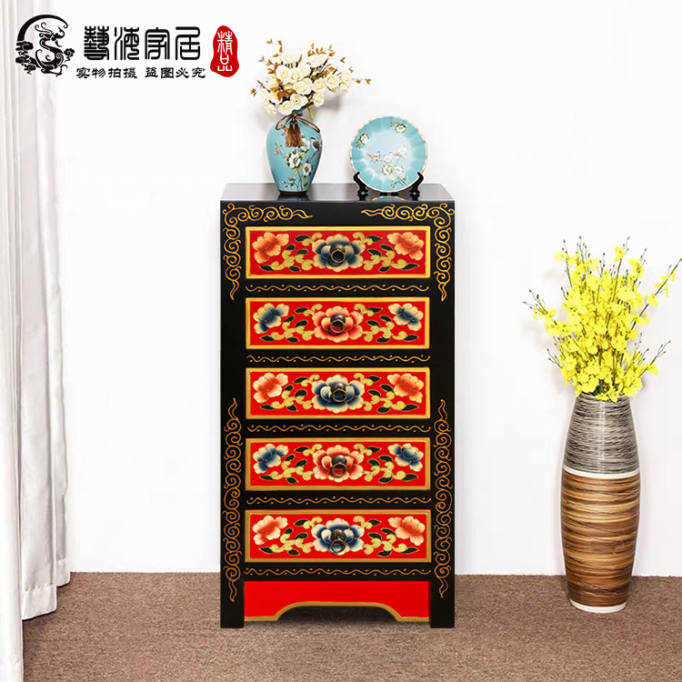 彩绘新中式风客厅仿古实木五斗柜
