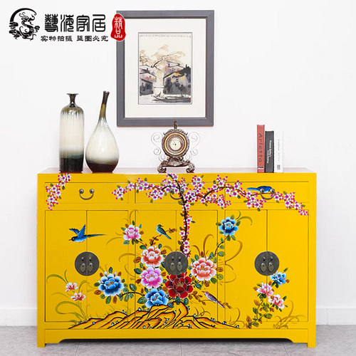实木客厅复古风隔断手绘玄关柜