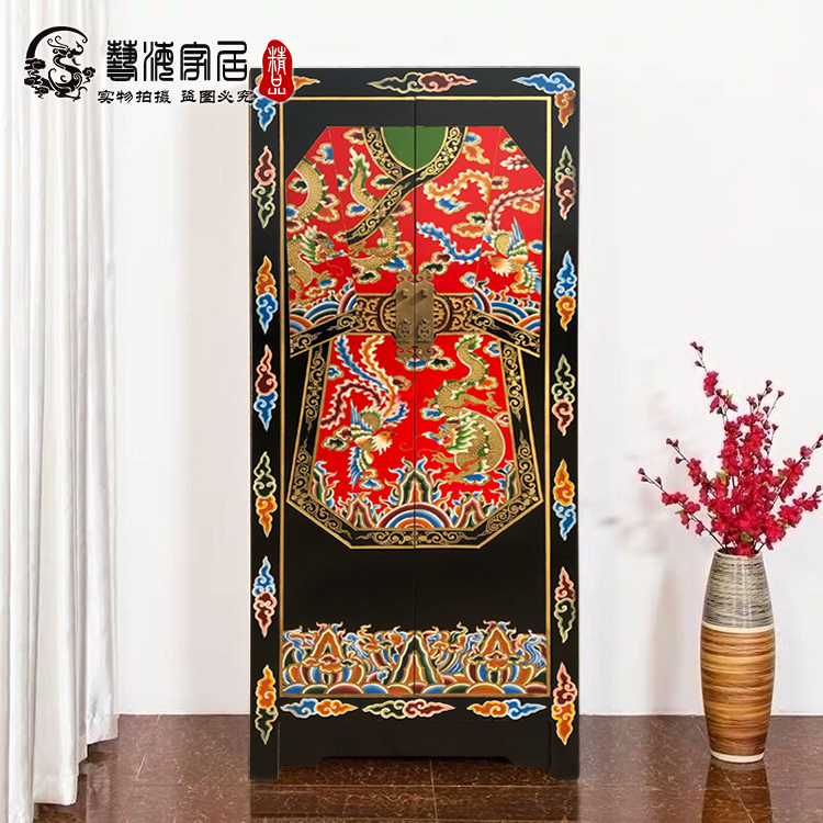 新中式仿古大衣柜做旧彩绘西藏式玄关高柜手绘置物柜酒店民宿家具