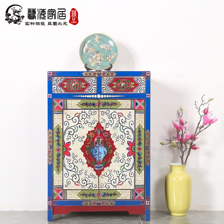 新中式彩绘鞋柜明清两门玄关柜做旧复古实木餐边柜手绘装饰柜包邮