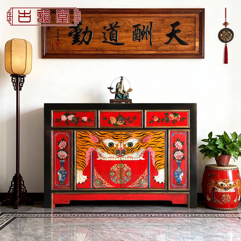 中式实木家具门厅柜复古玄关柜手绘三屉二门做旧鞋柜彩漆隔断柜