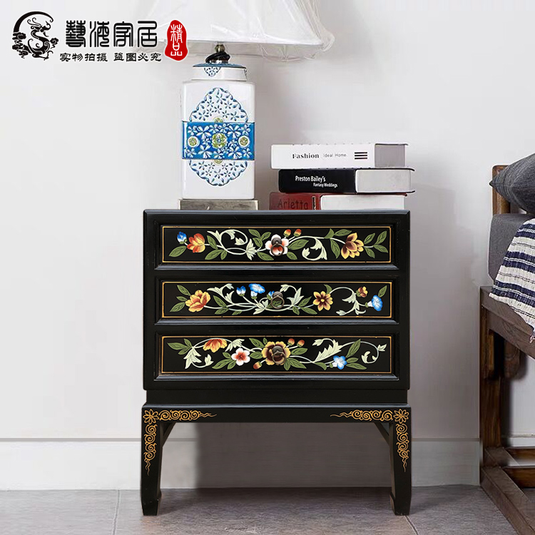 床头柜彩绘三屉手绘斗柜边柜角柜仿古可定做制中国风实木藏式家具