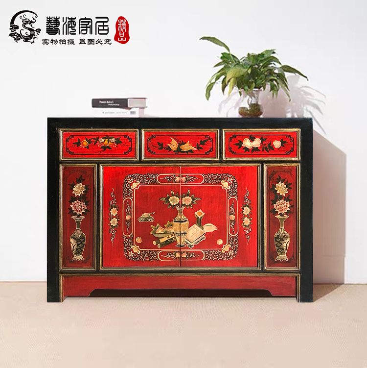新中式玄关柜明清古典两门鞋柜做旧复古实木彩绘餐边柜手绘装饰柜