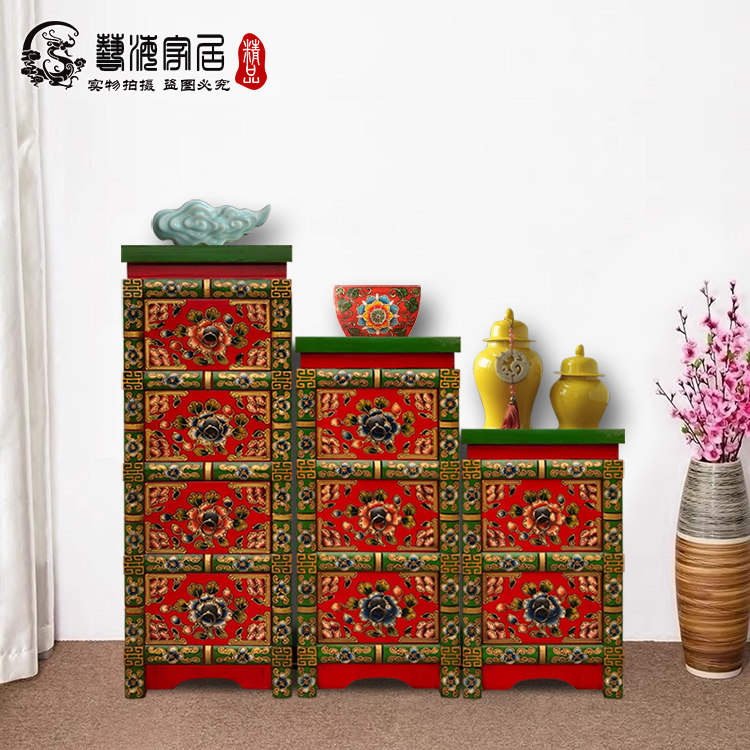 现代中式玄关复古斗柜实木做旧彩绘床头柜卧室储物多功能收纳柜子