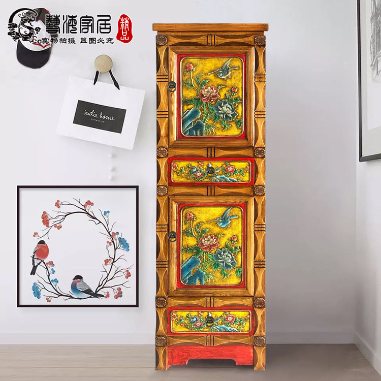 书柜落地手绘立柜置物架古典新中式书架实木禅意茶室彩绘展示柜