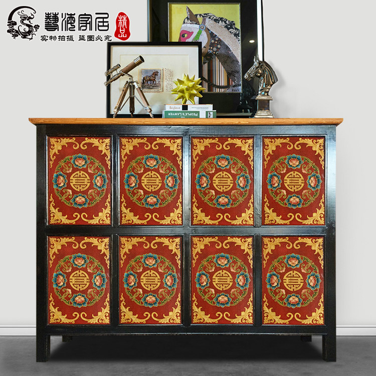 新中式仿古家具玄关柜手绘藏式门厅柜实木藏柜边柜鞋柜装饰走廊柜