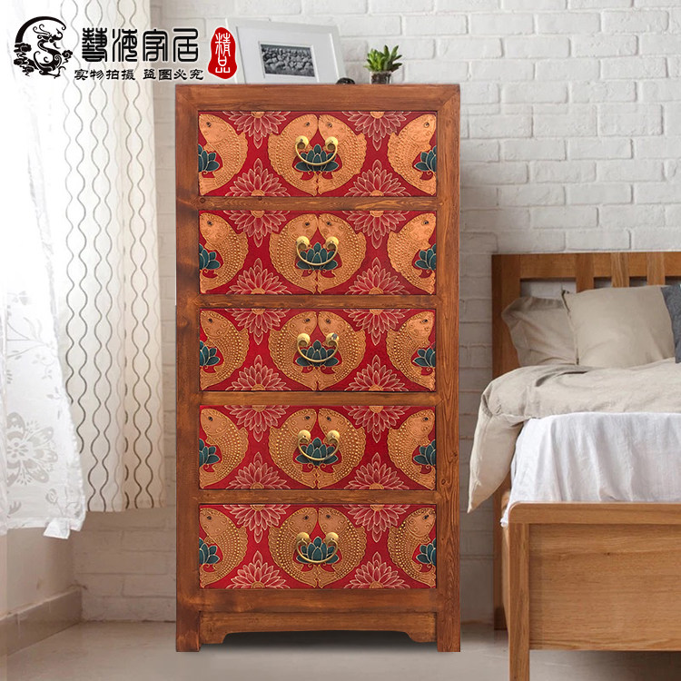 中式双鱼文件柜贴金五斗柜做旧复古实木金箔彩绘餐边柜手绘装饰柜