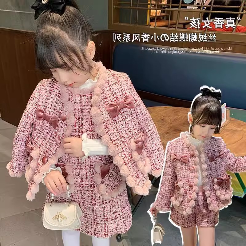 女童小香风套装2025冬装新款宝宝夹棉加厚蝴蝶结外套短裤两件套