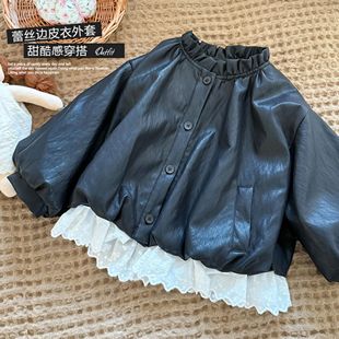 女童韩版 儿童森系蕾丝花边拼接外套上衣 灯笼花苞皮衣2026春秋新款