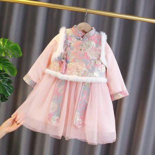 女童加绒加厚汉服冬季新款儿童洋气马甲旗袍裙宝宝新年唐装拜年服
