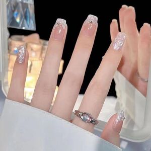 纯手工美甲穿戴甲亮晶晶裸色指甲贴片新娘极光螺纹贝母春夏新款