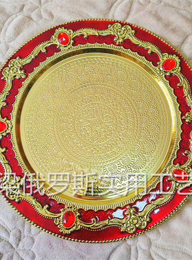 Z100特价俄罗斯锡金属托果茶盘篮flagon款金边红色红钻直径30厘米