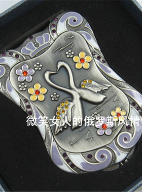 Z1特价俄罗斯锡金属双面折叠化妆镜子盾形古锡银灰色情侣天鹅镶钻