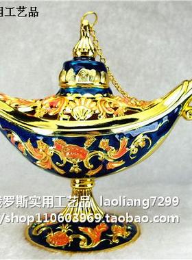 Z1俄罗斯银锡金属阿拉丁神灯大号珐琅釉彩金边蓝绿色粉花