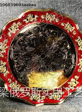 Z56-53特价俄罗斯锡金属托果茶盘金边红色玫瑰花欧式厚重豪华精致