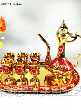 Z2特价新款俄罗斯锡金属酒具套装小号扁壶高脚杯椭圆托盘金边红色
