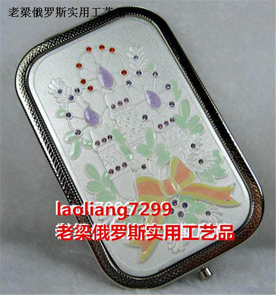 Z1俄罗斯锡金属双面折叠化妆镜长方形银白色蝴蝶结花束城堡淡雅