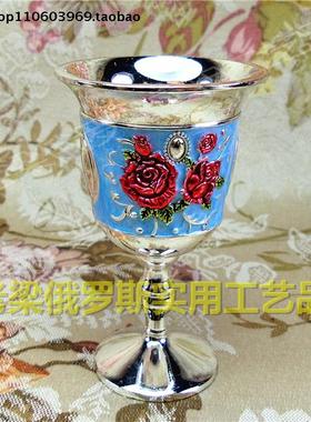 Z12-0俄罗斯锡金属酒杯高脚杯银边天蓝色红玫瑰容量35毫升半两多