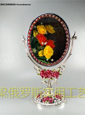 Z4俄罗斯锡合金属台式化妆仿古双面镜椭圆中号银边白色红玫瑰厚重