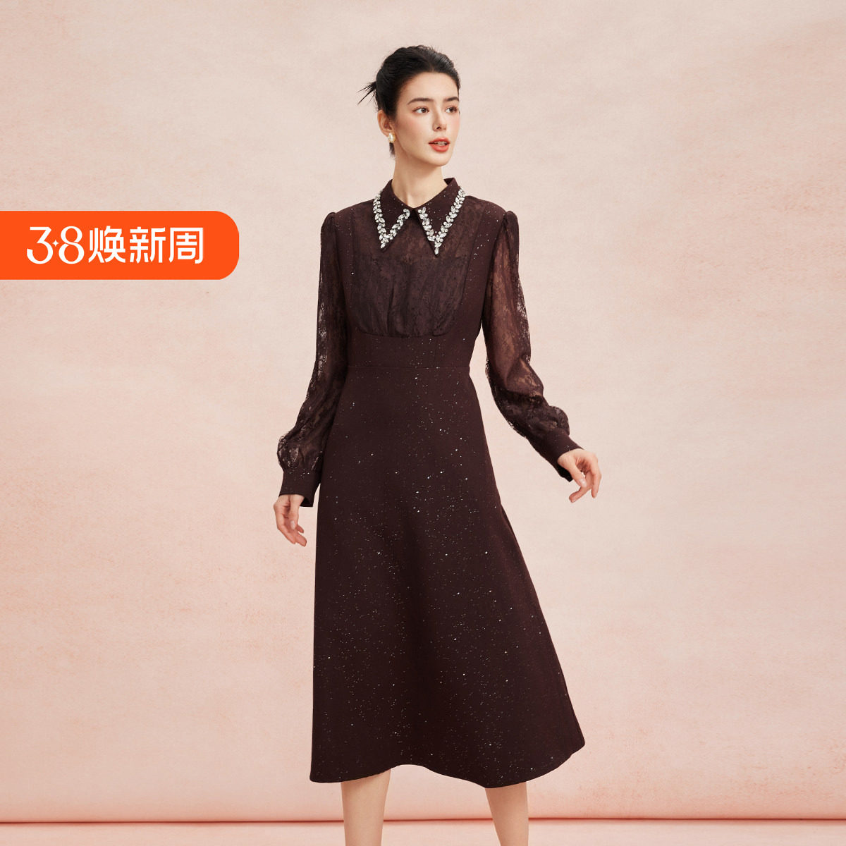 斯尔丽26新款法式复古蕾丝拼接修身装饰性领子高级小礼服连衣裙