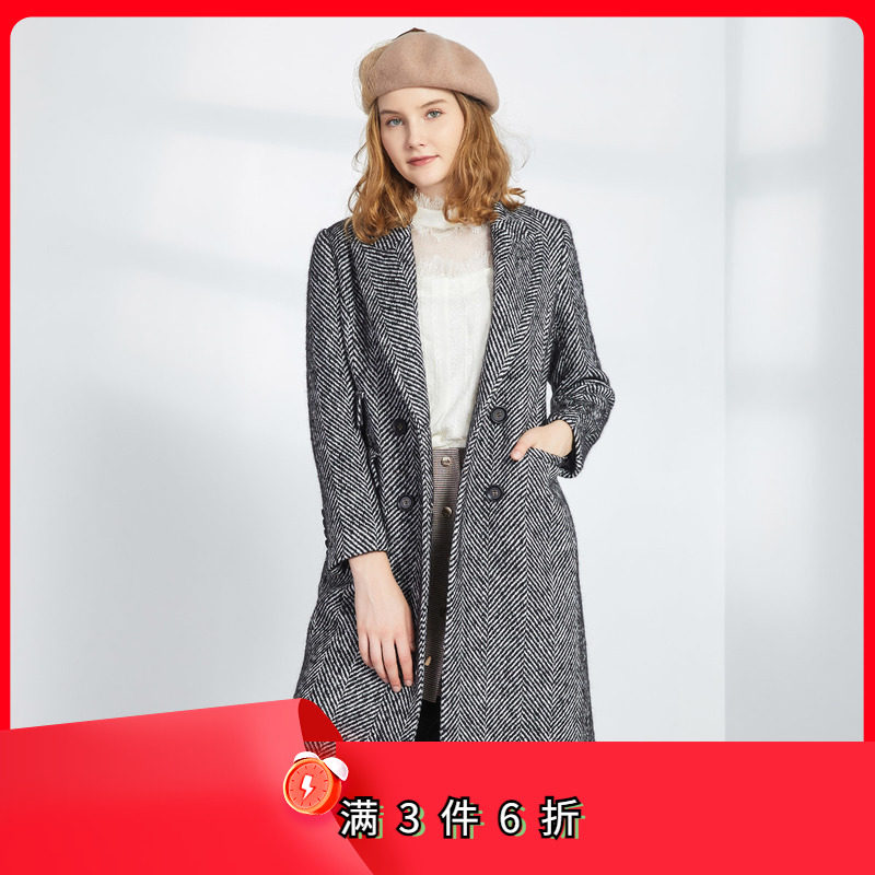 斯尔丽瑟俪冬季新品枪驳领人字纹西服大衣