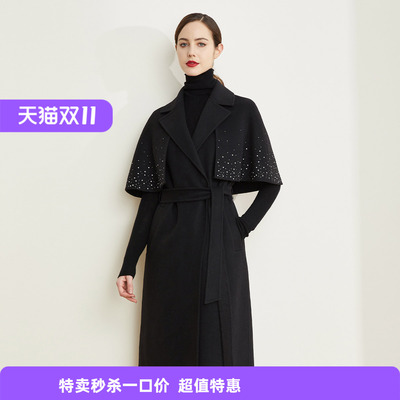 斯尔丽瑟俪烫钻披肩腰带大衣