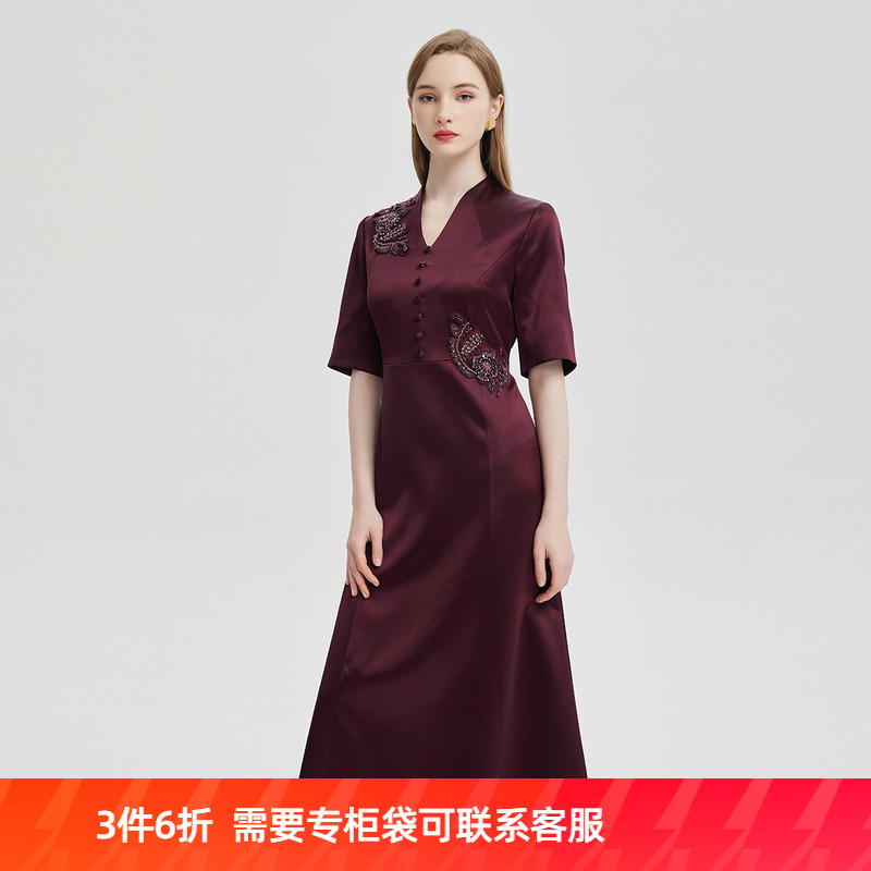 斯尔丽24新款气质名媛气场十足立V领型收腰放摆礼服式连衣裙