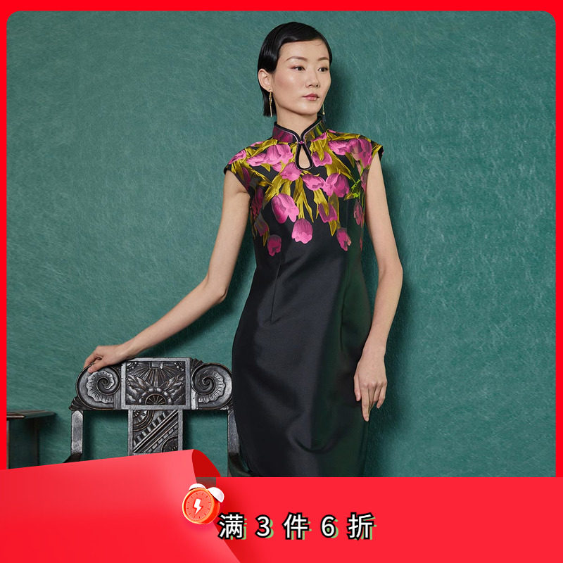 斯尔丽瑟俪春季优雅定位花无袖长旗袍