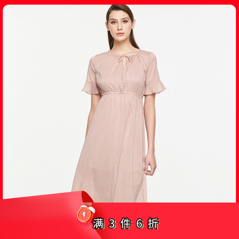 斯尔丽瑟俪2018夏季新款女装纯色优雅荷叶袖高腰连衣裙中长款
