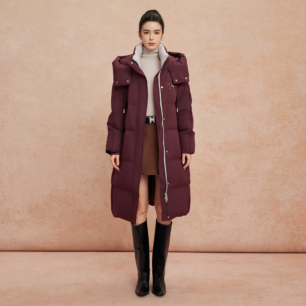 斯尔丽25新款冬季连帽长款休闲面包服宽松加厚90绒时尚减龄羽绒服