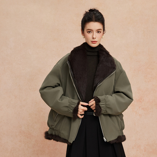 斯尔丽25新款 减龄宽松适合小个子派克服 兔毛双面双穿多种穿搭时尚