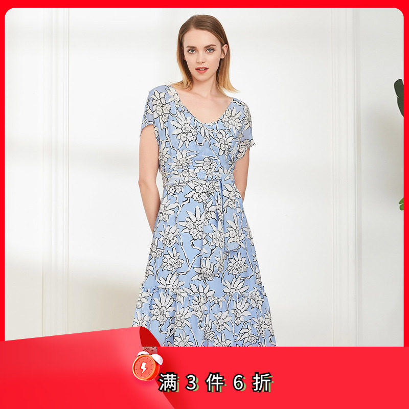 斯尔丽夏季新品 桑蚕丝收腰印花短袖中长裙连衣裙