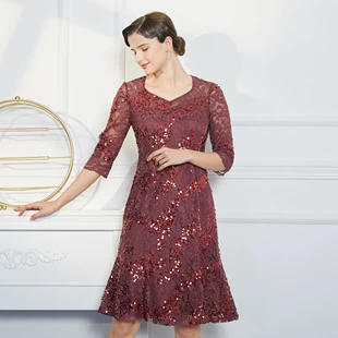 蕾丝珠片中袖 新品 圆领连衣裙 斯尔丽瑟俪春秋季 时尚