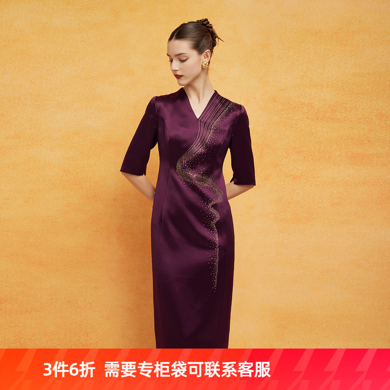 斯尔丽2024新款商场同款高级宴会礼服设计感水钻修身显瘦连衣裙