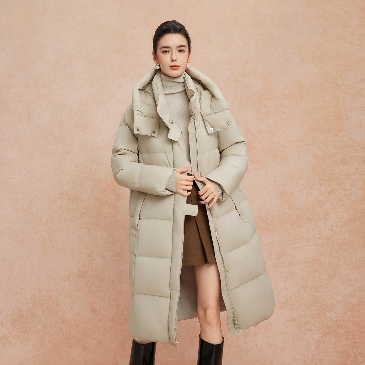 斯尔丽25新款冬季连帽长款休闲面包服宽松加厚90绒时尚减龄羽绒服