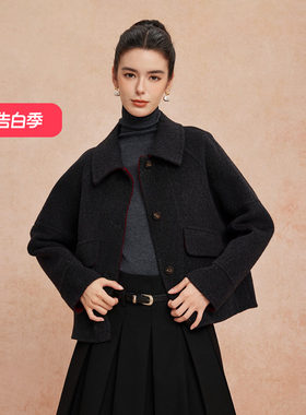 斯尔丽2025新款含高支澳毛山羊绒双面呢小翻领宽松版小个子短大衣