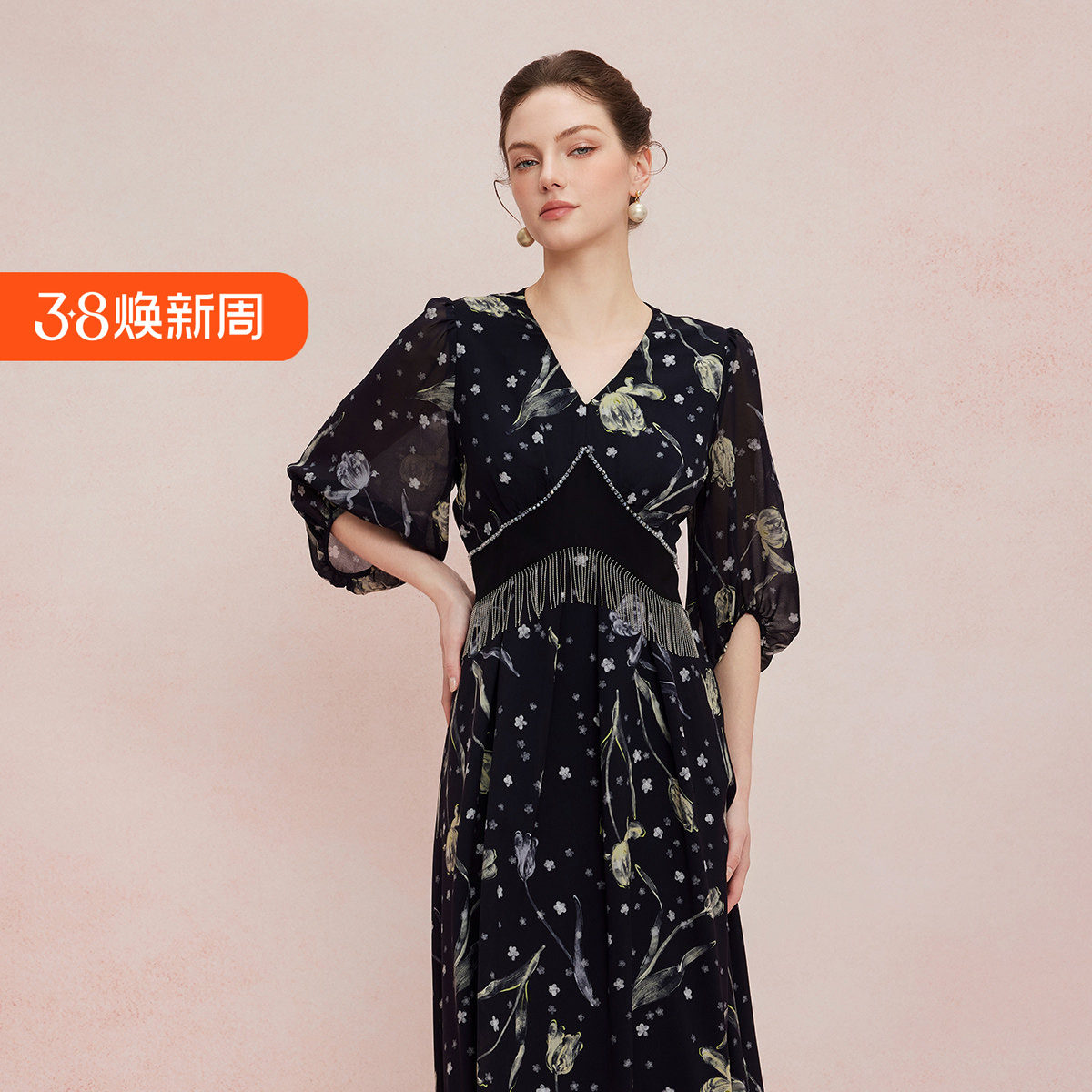 斯尔丽25新款法式浪漫荷叶边腰间流苏显高显瘦散大摆碎花连衣裙