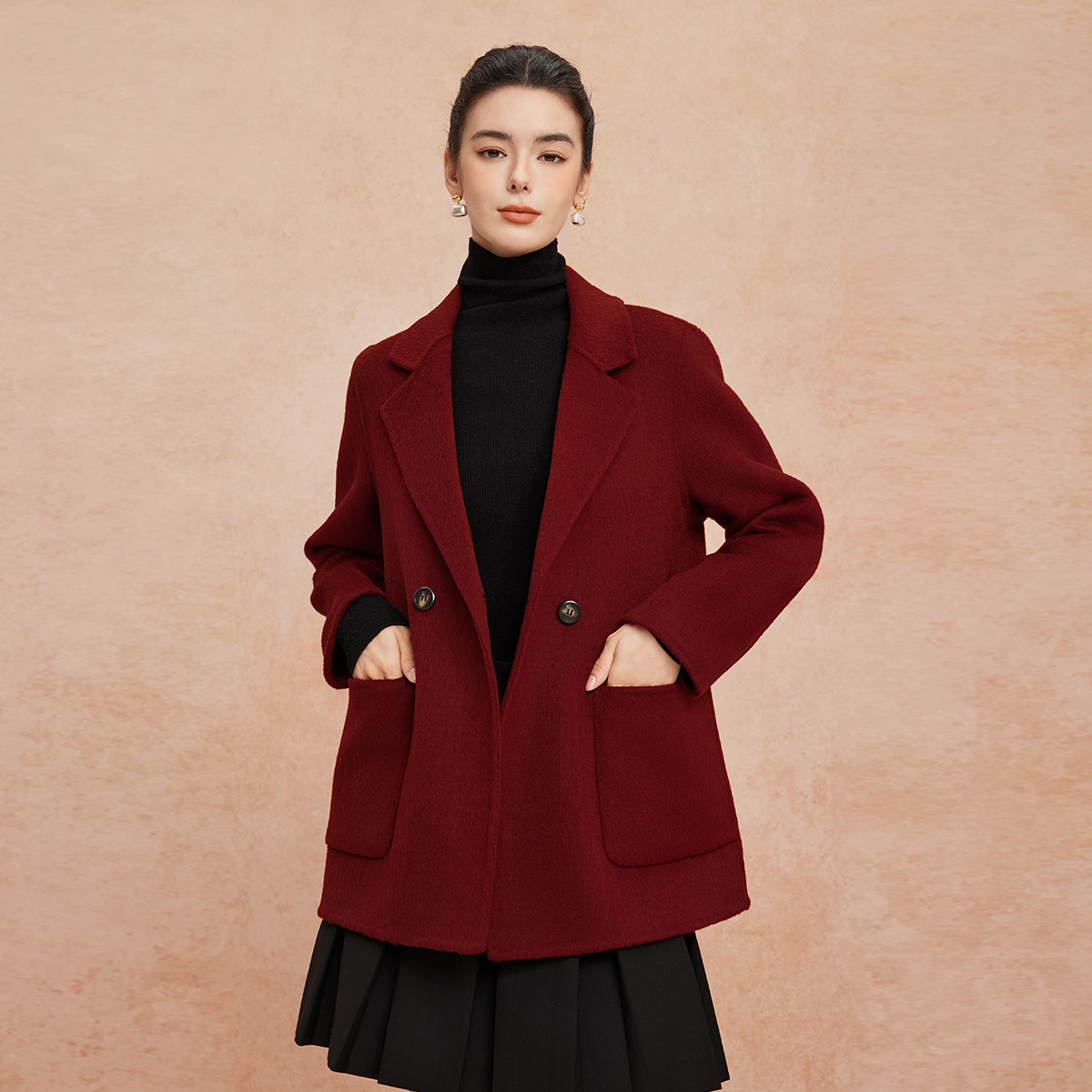 斯尔丽2025新款软糯滑爽一手长及臀时尚减龄H型双面呢羊毛大衣