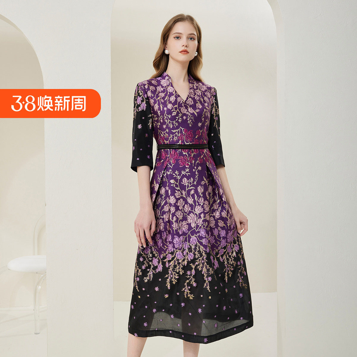 斯尔丽[商场同款]春季新款收腰大下摆优雅高贵提花礼服连衣裙