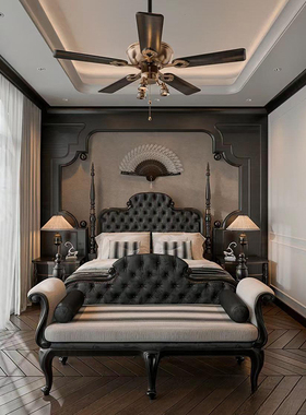 法式复古南洋风榉木布艺床美式主卧黑色1.8米大床古典实木柱子床