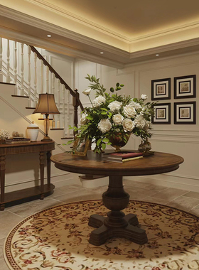 新品美式复古实木圆形餐桌餐厅组合家具法式小户型简约饭桌定制