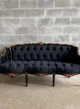 法式复古实木雕花别墅大户型客厅三人拉扣高端布艺影视拍照沙发