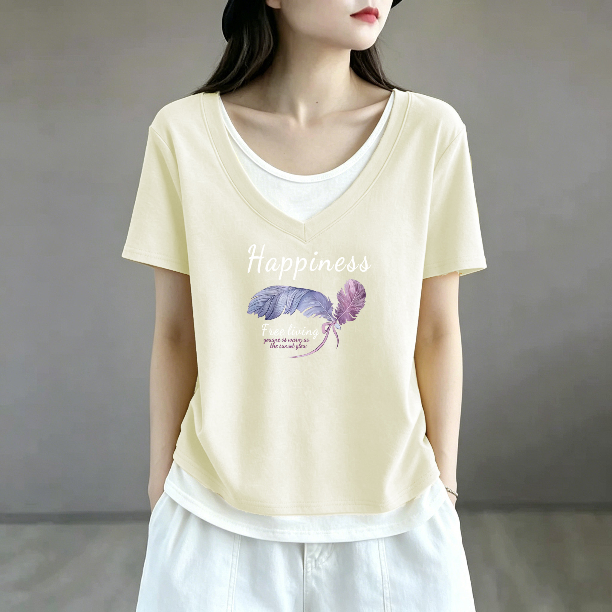 2026夏季新款洋气假两件短袖T恤女纯棉V领内搭显瘦小众设计感上衣
