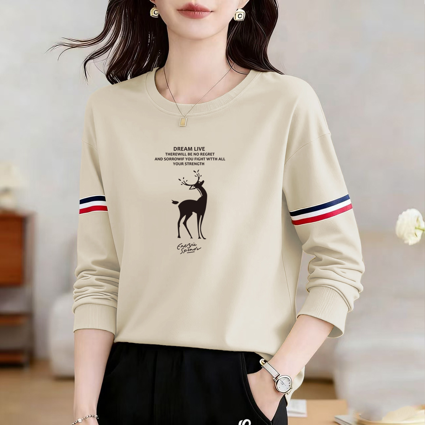 外贸原单女装休闲长袖T恤女撞色拼接圆领内搭打底衫春季纯棉上衣,女装/女士精品,大码内搭,淘宝优惠券,粉丝福利购,淘宝优惠卷