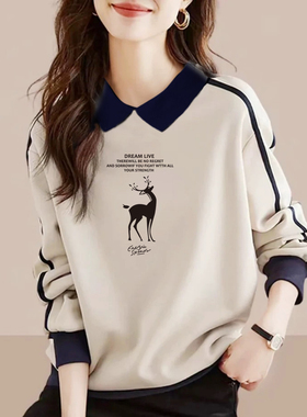 外贸出口纯棉长袖卫衣女春秋季洋气打底衫休闲百搭POLO衫翻领上衣