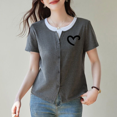洋气假两件纯棉圆领短袖t恤上衣