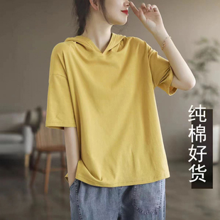 潮牌大码 显瘦连帽上衣夏 t恤女宽松时尚 品牌外贸出口清仓纯棉短袖