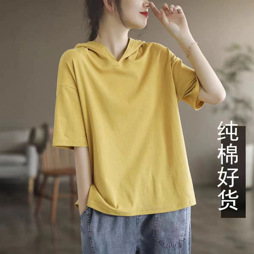 外贸短袖清仓连帽宽松大码T恤女